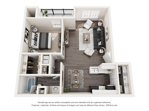 Floor plan for 1 bed, 1 bath, 756 sqft